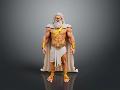 Mythological God Statue White Hair Beard Muscular Build Robe Golden Belt Sandals Lightning Bolt 3d model