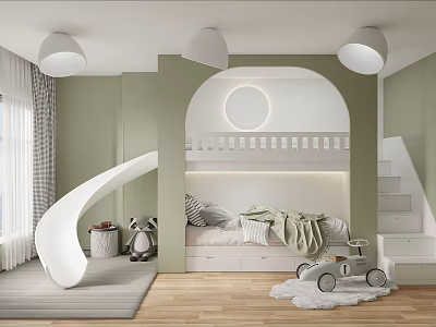 Kids Room With Green Walls Arched Design Bunk Bed Slide And Stuffed Toys 3d model