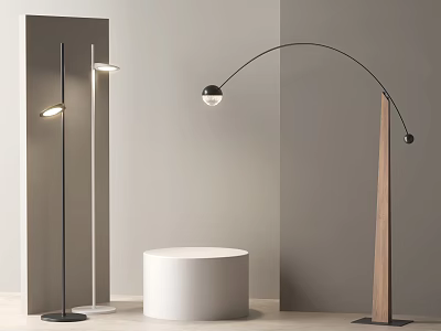 Modern Floor Lamps With Arched Metal Pole And Wooden Base In Minimalist Interior 3d model
