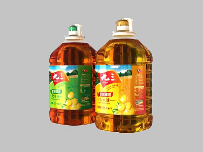 Two Bottles of Cooking Oil with Green and Red Labels and Yellow Fruits Design 3d model