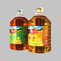 Two Bottles of Cooking Oil with Green and Red Labels and Yellow Fruits Design