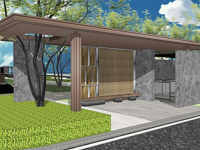 Garden Landscape Featuring Wooden Roof Stone Walls Bamboo Screens Lawn And Trees 3d model