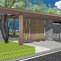Garden Landscape Featuring Wooden Roof Stone Walls Bamboo Screens Lawn And Trees