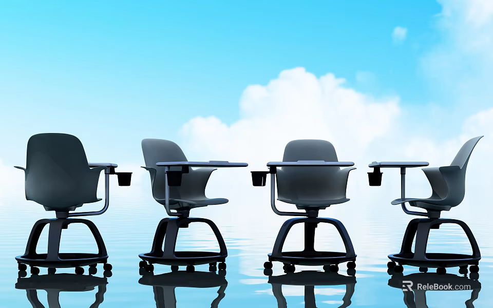 Black Kids Desk and Chair with Wheels Against Blue Sky White Clouds and Water Reflection 3d model 