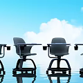 Black Kids Desk and Chair with Wheels Against Blue Sky White Clouds and Water Reflection