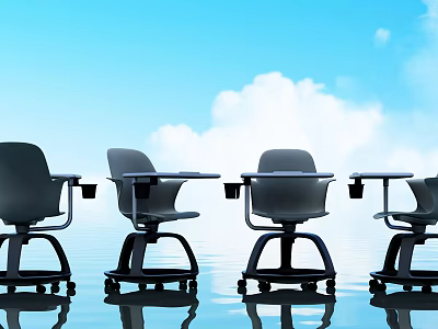 Black Kids Desk and Chair with Wheels Against Blue Sky White Clouds and Water Reflection 3d model