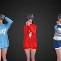 Women in different colored sweaters with LUCKY print skull pattern shorts white sneakers striped socks 3d model