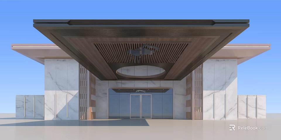 Modern Entrance Gate Design With Marble Walls Wooden Ceiling And Glass Doors 3d model 