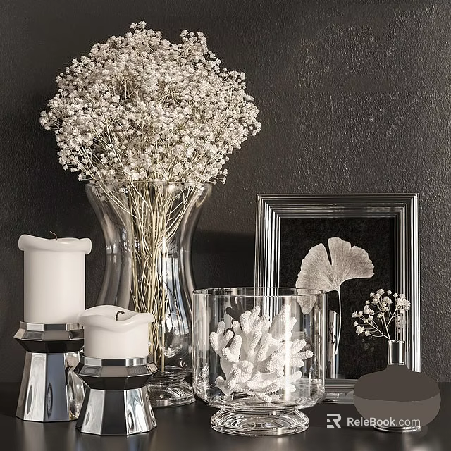 Decorative Ornament Set Featuring White Flowers Glass Vase Candles Coral Decor And Ginkgo Leaf Frame 3d model 