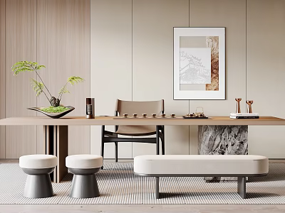 Wooden Tea Table And Chairs With Green Plant Stools Bench And Framed Artwork On Wooden Walls 3d model