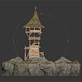 Cartoon Scene Featuring Wooden Tower With Pointed Roof On Rocky Base And Grass Path