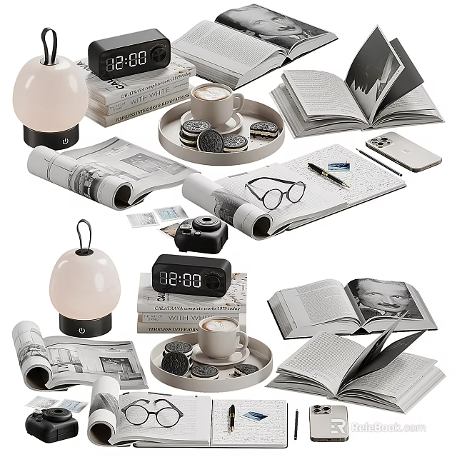 Decorative Ornament Set With Alarm Clock Open Books Coffee Cup Cookies Vintage Camera And Glasses 3d model 