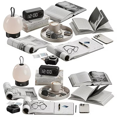 Decorative Ornament Set With Alarm Clock Open Books Coffee Cup Cookies Vintage Camera And Glasses 3d model