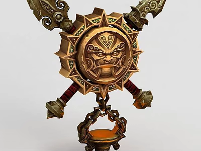 Tech Exhibition Hall Features Intricate Fantasy Gold Red Ornament with Crossed Sword Hilts Central Mask 3d model