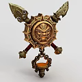 Tech Exhibition Hall Features Intricate Fantasy Gold Red Ornament with Crossed Sword Hilts Central Mask