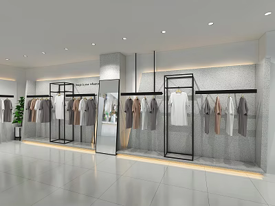 Modern Clothing Store Interior With Black Metal Racks Hanging Apparel Light Walls And Mirrors 3d model