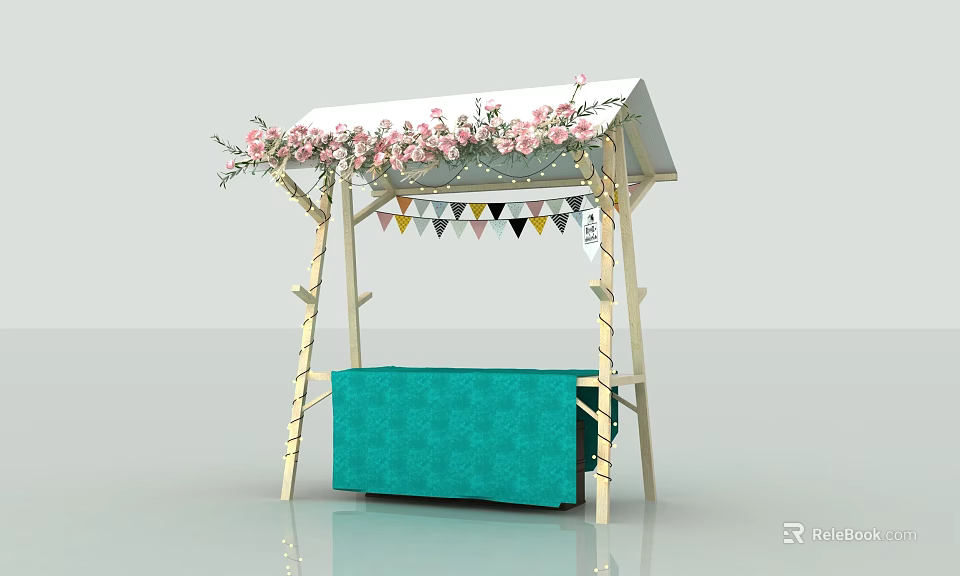 Outdoor Decorative Booth With White Canopy Pink Flowers Colorful Bunting And Turquoise Cloth 3d model 