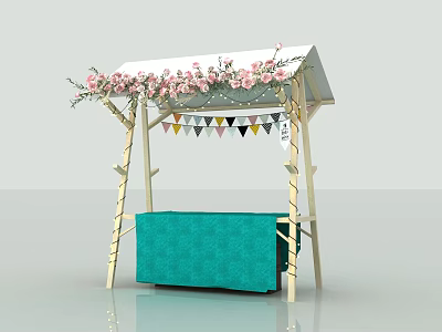 Outdoor Decorative Booth With White Canopy Pink Flowers Colorful Bunting And Turquoise Cloth 3d model
