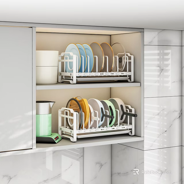 Kitchen Storage With Dish Racks Holding Colorful Plates And Bowls In Cabinet 3d model 