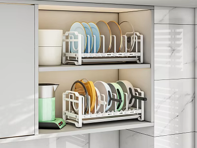Kitchen Storage With Dish Racks Holding Colorful Plates And Bowls In Cabinet 3d model