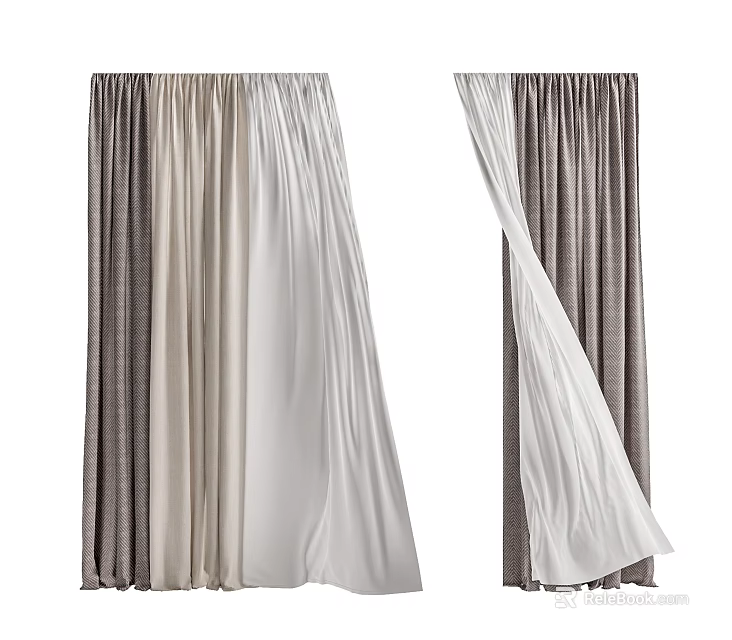 Elegant Flowy Curtains In Gray And White With Pleated Design For Home Windows 3d model 