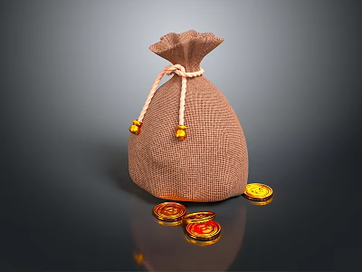 Burlap Storage Bag As Practical Household Item With Tied String And Scattered Gold Red Coins 3d model