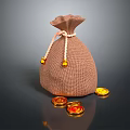 Burlap Storage Bag As Practical Household Item With Tied String And Scattered Gold Red Coins