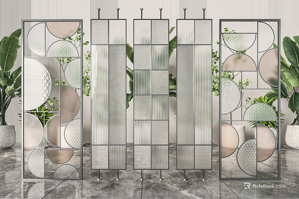 Modern Geometric Room Dividers With Metal Frame Glass Panels And Plants 3d model 