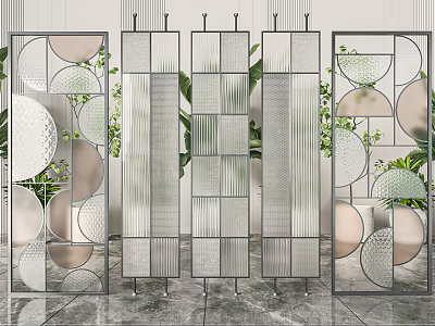 Modern Geometric Room Dividers With Metal Frame Glass Panels And Plants 3d model