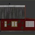 Small Red Cottage Building With Gray Roof Yellow Windows White Frames And Chimney