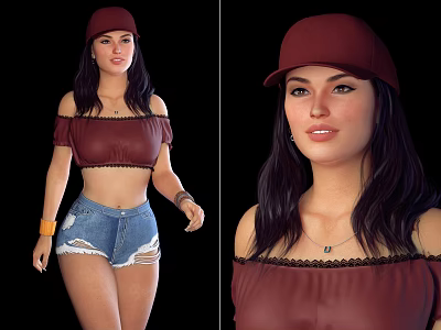 Woman in stylish burgundy off shoulder top red cap and ripped denim shorts 3d model