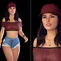 Woman in stylish burgundy off shoulder top red cap and ripped denim shorts