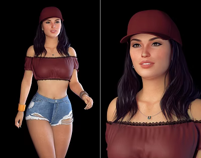 Woman in stylish burgundy off shoulder top red cap and ripped denim shorts 3d model