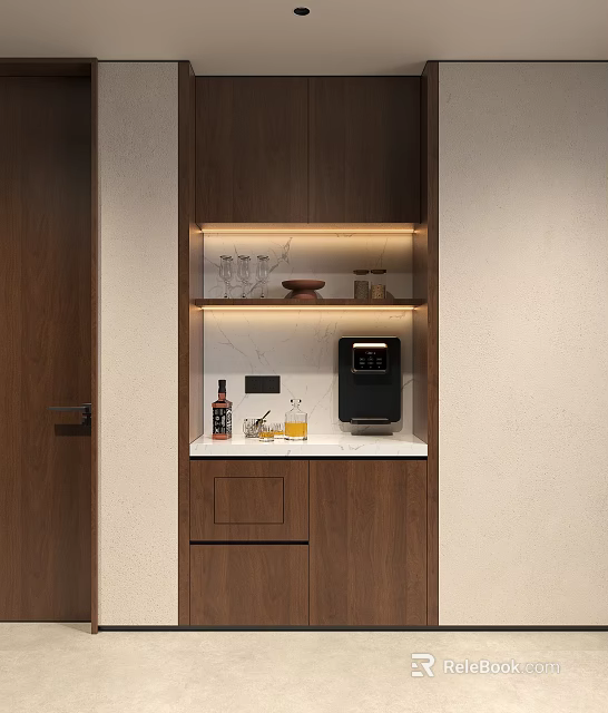 Modern Wooden Sideboard with Open Shelves Countertop Glassware Coffee Machine Wine Glasses and Lighting 3d model 