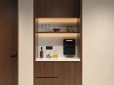 Modern Wooden Sideboard with Open Shelves Countertop Glassware Coffee Machine Wine Glasses and Lighting 3d model