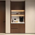 Modern Wooden Sideboard with Open Shelves Countertop Glassware Coffee Machine Wine Glasses and Lighting