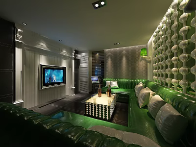 Modern KTV Room Interior With Green Leather Sofas TV Screen And Decorative Wall 3d model