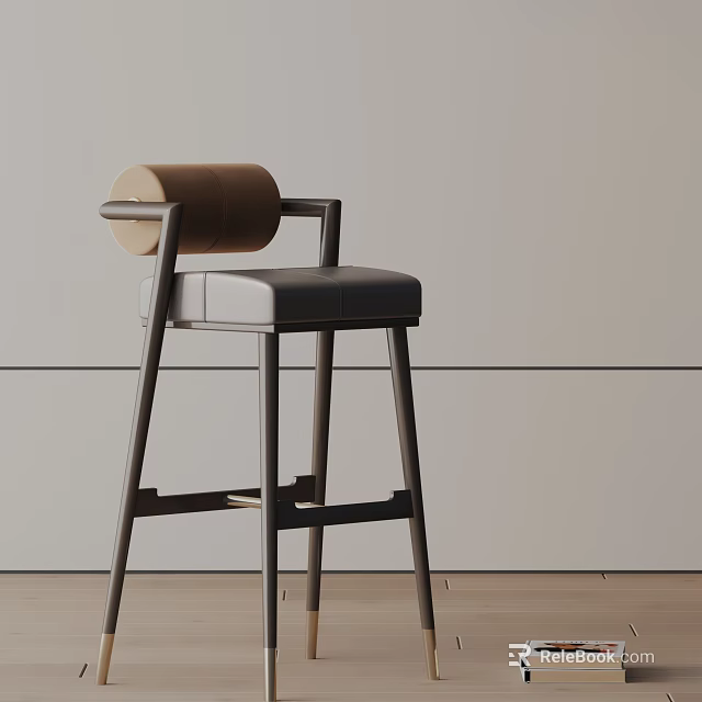 Modern Bar Stool With Gray Cushion Curved Wooden Backrest And Metal Legs Design 3d model 
