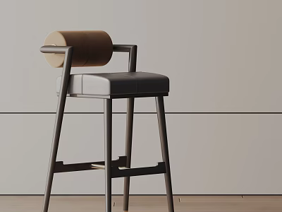 Modern Bar Stool With Gray Cushion Curved Wooden Backrest And Metal Legs Design 3d model
