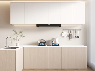 Modern Kitchen Interior With White Cabinets Light Countertops And Cooking Utensils 3d model
