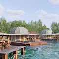 Waterfront Dome Shaped Bungalow Buildings With Wooden Piers And Green Trees