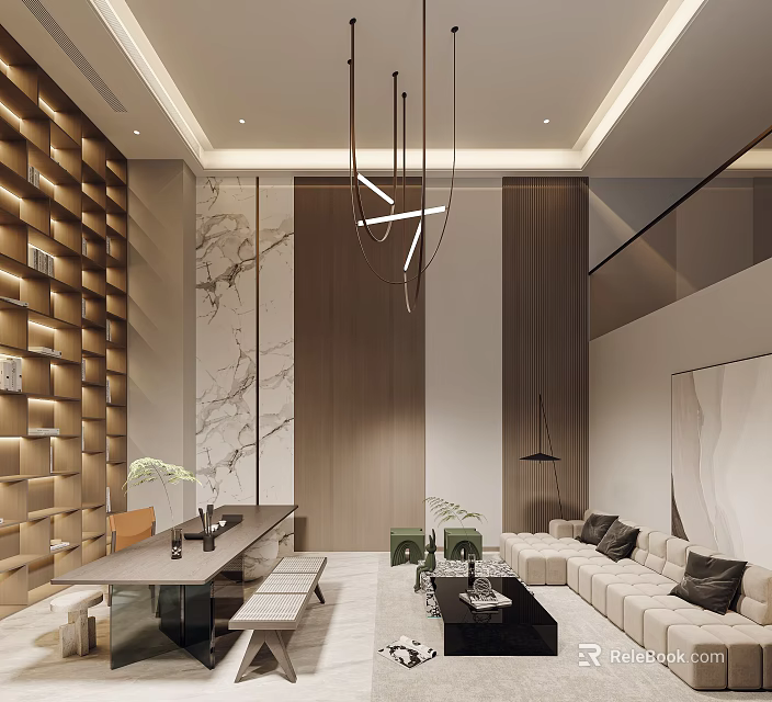 Modern Basement Living Area Design With Wooden Walls Marble Accents Pendant Lights And Sofa 3d model 