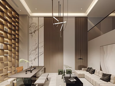 Modern Basement Living Area Design With Wooden Walls Marble Accents Pendant Lights And Sofa 3d model