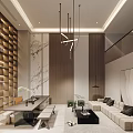 Modern Basement Living Area Design With Wooden Walls Marble Accents Pendant Lights And Sofa