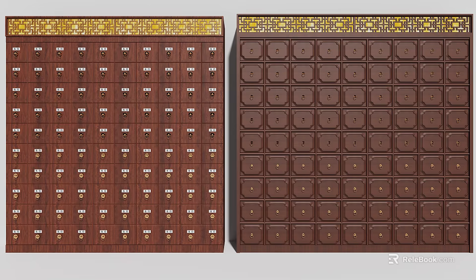 Traditional Chinese Medicine Cabinets Dark Brown Wooden With Golden Top Decor And Multiple Drawers 3d model 