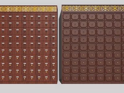 Traditional Chinese Medicine Cabinets Dark Brown Wooden With Golden Top Decor And Multiple Drawers 3d model