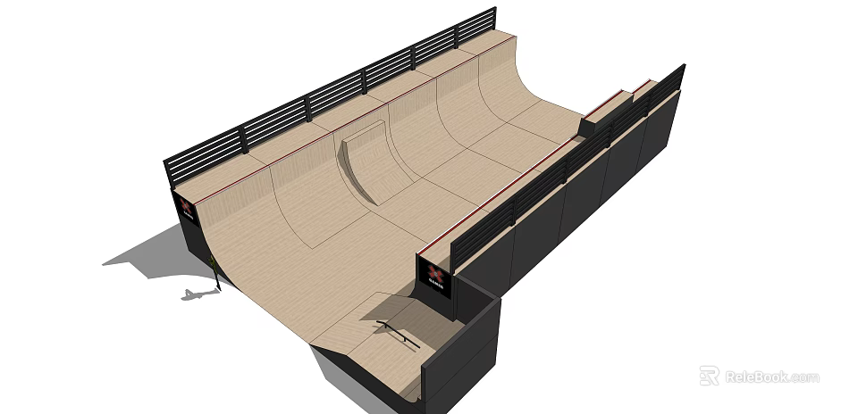 Modern Skatepark 3D Model Design Featuring Wooden Ramps And Black Railings Structure 3d model 