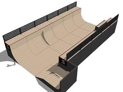 Modern Skatepark 3D Model Design Featuring Wooden Ramps And Black Railings Structure 3d model