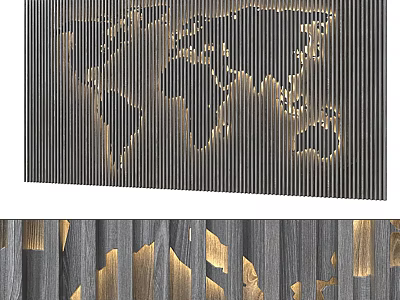 Modern Elegant Background Wall with World Map Design Metal Stripes Wooden Texture and Golden Decorations 3d model