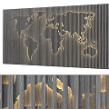 Modern Elegant Background Wall with World Map Design Metal Stripes Wooden Texture and Golden Decorations